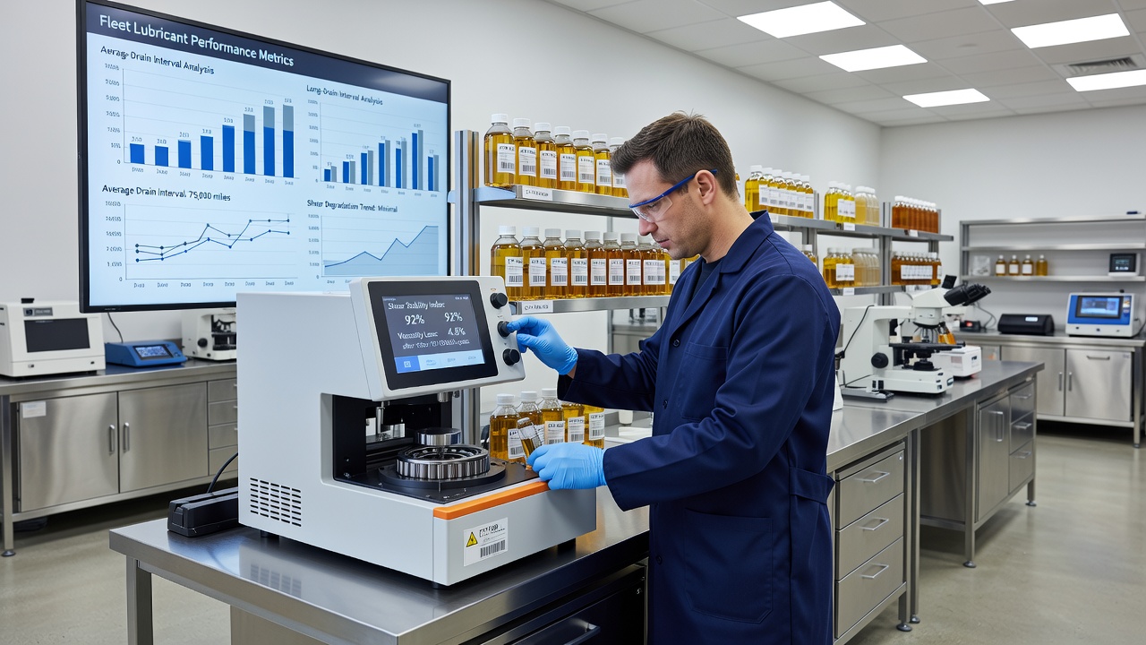 Close-up view of viscosity testing apparatus measuring shear stability in lubricant samples for heavy-duty engine applications