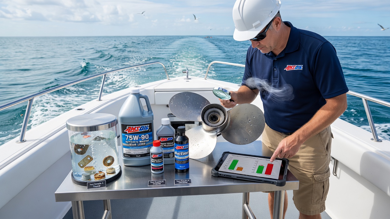 Laboratory testing setup evaluating lubricant performance on marine metal samples in simulated saltwater